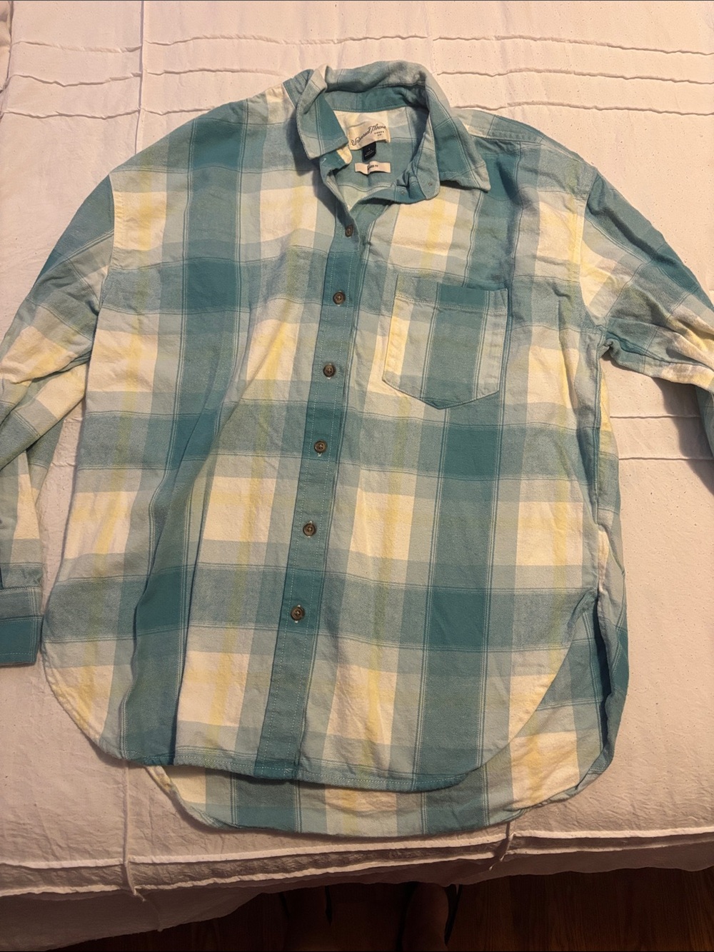 Womens Plaid Button-Up Shirt in Light Teal and White